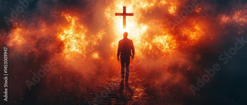 Salvation concept, man breaking from chains of sins, emerging into a bright and hopeful future. christian cross on the top, saved by religion