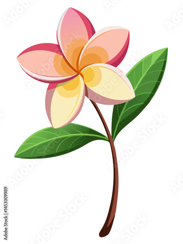 Illustration of frangipani flower with leaves, tropical flower, plumeria flower art, bloom