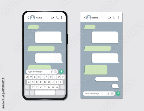 Realistic smartphone with messaging app. Conversation chat screen with green message bubbles placeholder text and Keypad. Interface of Mobile App. Editable Vector.