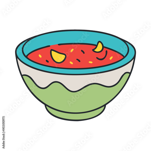 Cartoon illustration of a bowl of tomato soup with garnish for food blog and recipe sites