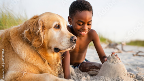 Child and golden retriever enjoy a fun day building sandcastles on a serene beach during sunset