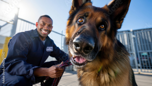 Dog handler enjoys playful moment with German Shepherd at training facility in bright sunlight