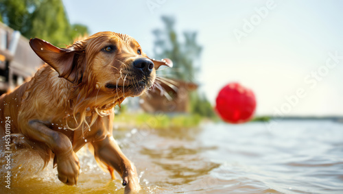 Golden retriever joyfully leaps into water after a red ball on a sunny day by the lake