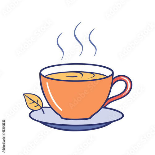 Orange teacup with hot tea or coffee beverage with steam and leaf illustration vector graphic