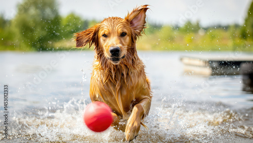 Golden retriever joyfully splashing in water while chasing a red ball during sunny afternoon at the lake