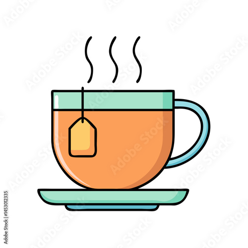 Illustration of hot tea cup with tea bag and steam beverage drink refreshment relaxation teatime