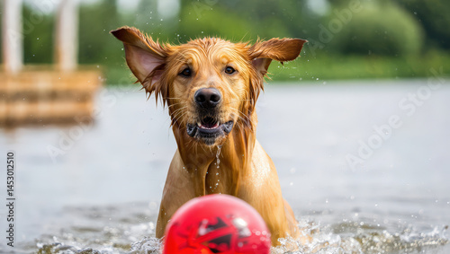 Golden retriever happily playing in water while fetching a red ball on a sunny day at a lakeside