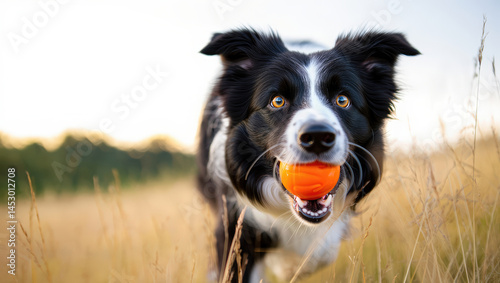 Energetic dog running in a field with an orange ball at sunset near a forest