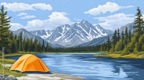 Camping by the Lake with Majestic Mountains and Forest Background