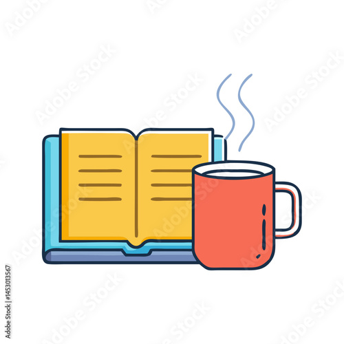 Illustration of book and coffee cup for reading time relaxation study education knowledge, open book
