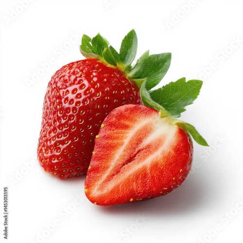 Fresh strawberries, one cut in half, isolated on white background