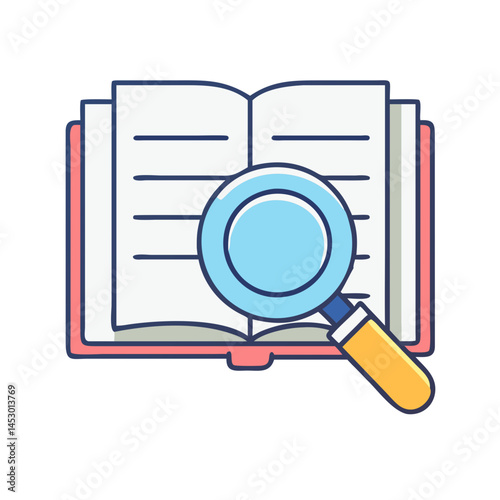 Open book with magnifying glass for research education learning information and knowledge concept icon