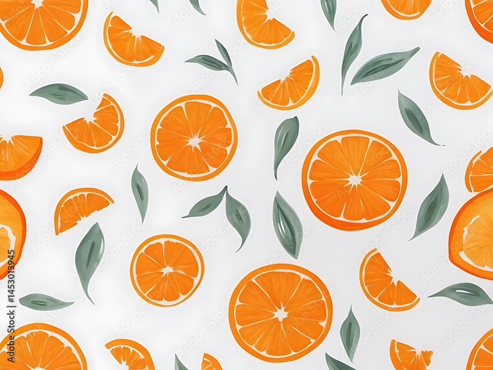 Hand-Painted Orange and Leaves Pattern on Clean White Background
