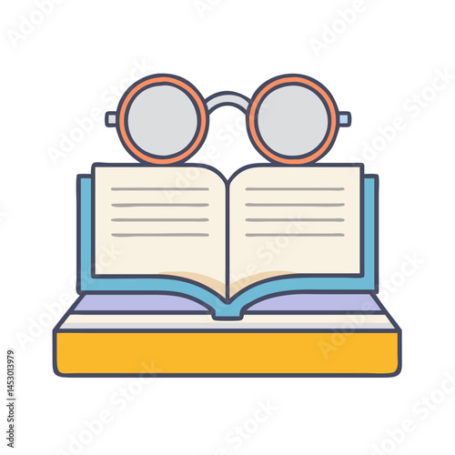 Illustration of open book with glasses reading learning education knowledge literature study design