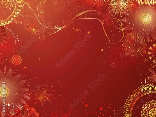 Golden fireworks illuminate a vibrant red background, scattering shimmering sparks across the scene, with a firework rocket in the lower corner enhancing the festive celebration
