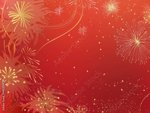 Golden fireworks illuminate a vibrant red background, scattering shimmering sparks across the scene, with a firework rocket in the lower corner enhancing the festive celebration