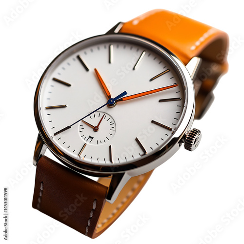 Elegant Women's Watch with White Dial and Orange Leather Strap Isolated on Transparent Background