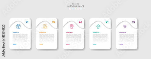 5 points template infographic with round box table with curve slice at header with drop shadow style with four stage list information