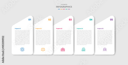 5 points template infographic with creative box table stacked list layer horizontal with drop shadow style with four stage list information