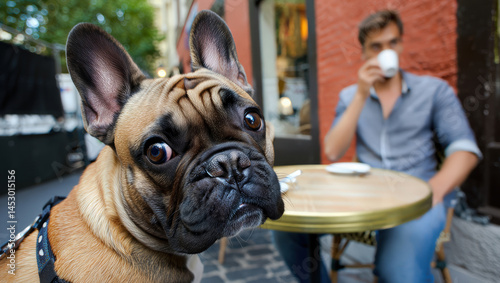 Dog and owner enjoy coffee break at a European café on a sunny afternoon