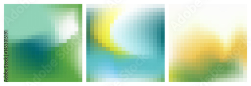 Abstract summer color pixelated gradient background. Trendy mosaic vector texture. Pixel abstract bg in green, blue and yellow tones. Minimal geometric backdrop. Set of 3 square vector mosaic pattern