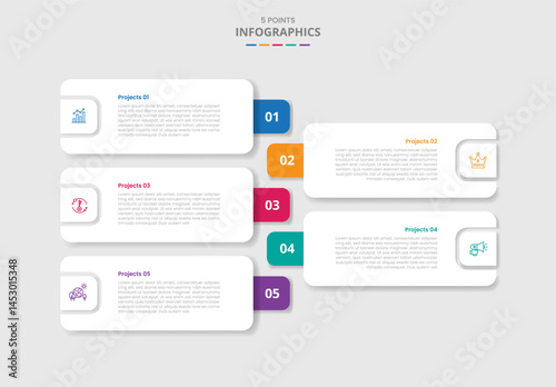 5 points template infographic with round rectangle box stacked list opposite direction with drop shadow style with four stage list information