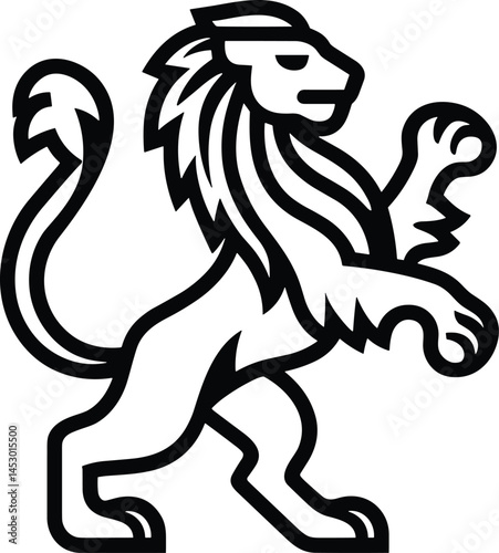 Fully editable vector illustration of a heraldic lion in line art style isolated on transparent background.