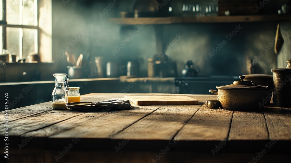 Empty rustic kitchen table with cookware and ingredients Empty rustic kitchen table with cookware and ingredients