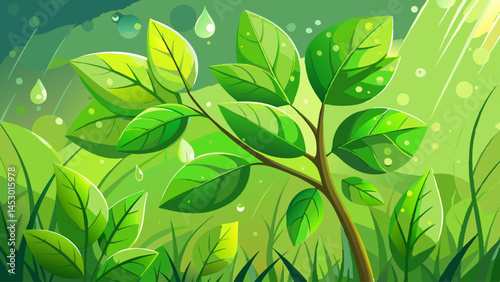Fresh green leaves against blurred greenery natural background. Young plant with raindrops for ecology and nature concept.