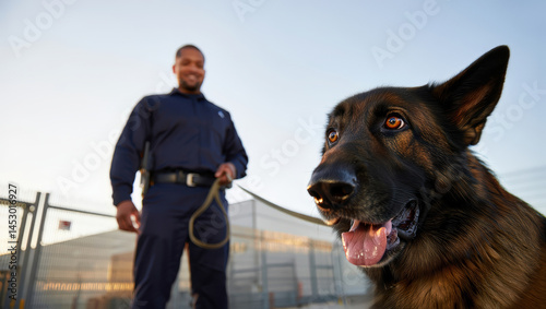 Police officer and German shepherd dog engage in training at a sunny outdoor facility