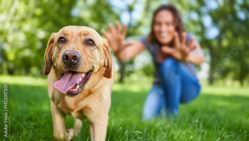 Happy dog plays in the park while owner enjoys a sunny day outdoors