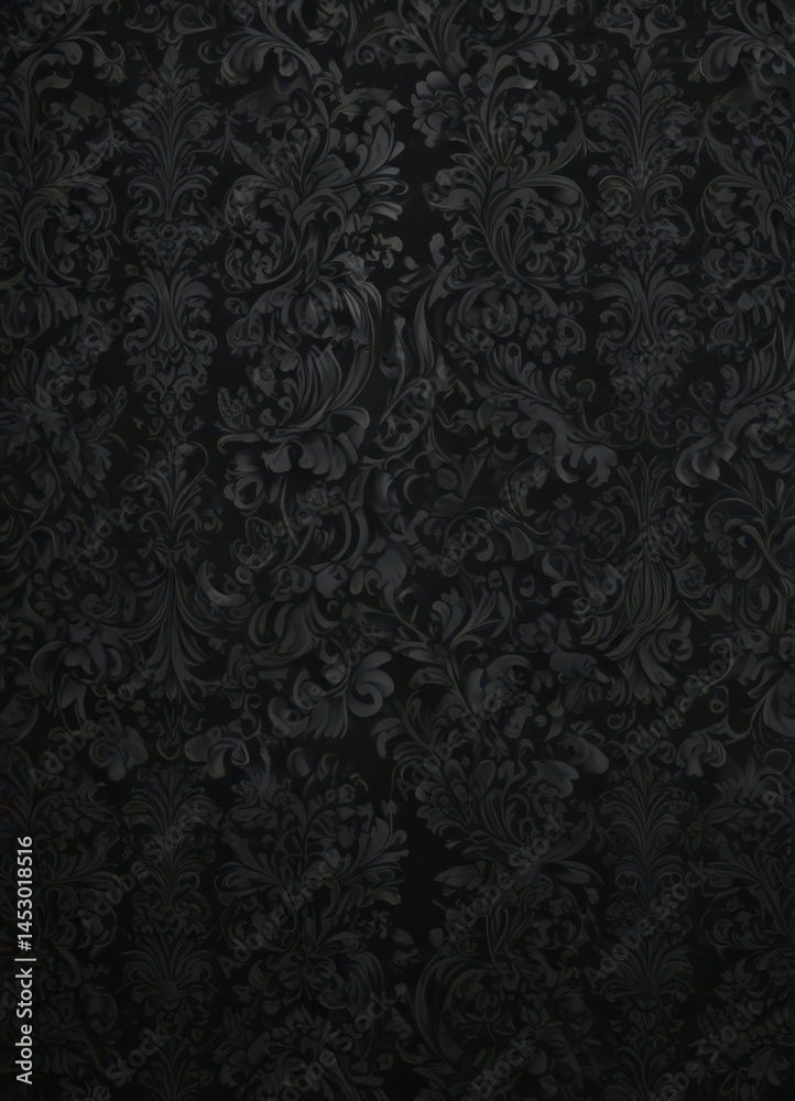 Seamless black gothic wallpaper Intricate floral damask pattern with swirling vines , black, scroll Seamless black gothic wallpaper Intricate floral damask pattern with swirling vines , black, scroll