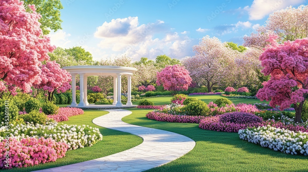Fototapeta premium A springtime garden path winding to a gazebo.