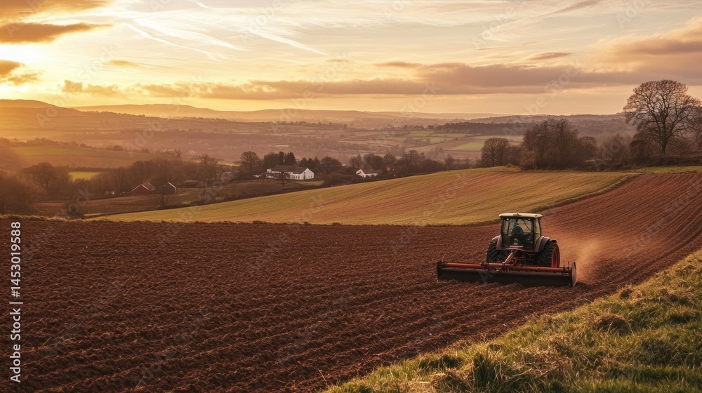 Fototapeta premium Tractor plowing field at sunset