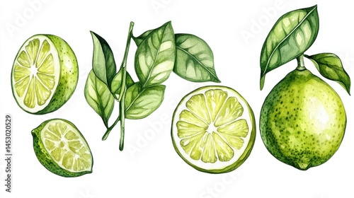 Fresh limes and leaves, vibrant watercolor illustration