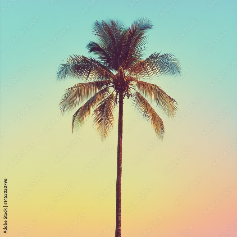 Obraz premium A single palm tree against a soft gradient background, evoking the calm of tropical travel.
