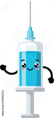 Cute medical syringe with smiling face and blue liquid illustration for healthcare and vaccination concepts