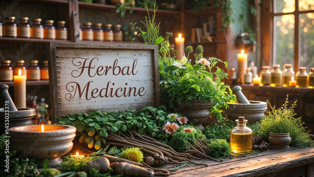 sign with inscription herbal medicine, fresh herbs on table