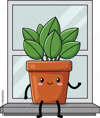 Cute potted green plant sitting on windowsill with happy face vector illustration 