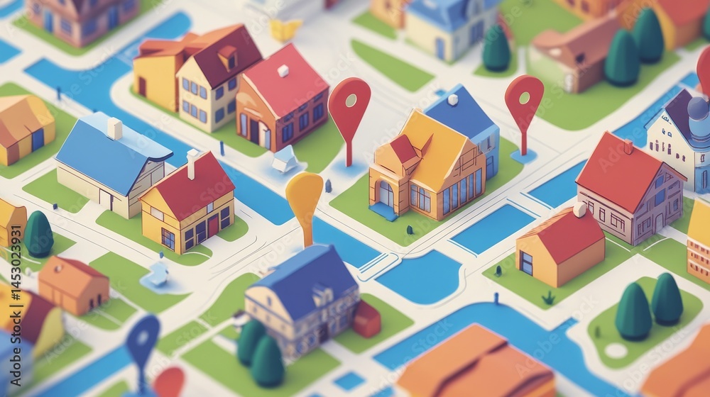 City map featuring directional signs, an intended goal point and multiple markers. An abstract navigation plan highlights POI including city streets, blocks. Vector illustration City map featuring directional signs, an intended goal point and multiple markers. An abstract navigation plan highlights POI including city streets, blocks. Vector illustration