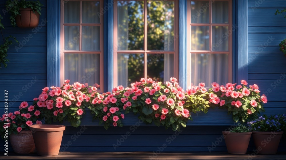 Fototapeta premium Cozy window box filled with pink flowers