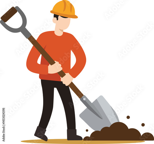 Construction worker digging soil with shovel wearing safety helmet and orange sweater vector illustration 