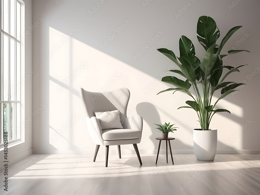 Fototapeta premium Modern Minimalist Empty Room Interior with Sunlight, Armchair, and Plant
