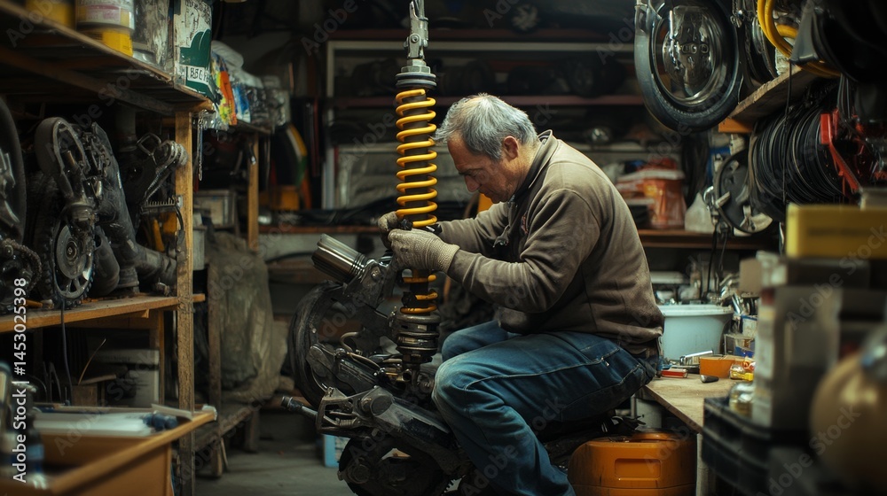 Motorcycle mechanic check and change rear Shock Absorbers motorcycle at motorcycle garage, Damaged Struts and fluid leaks among struts and shocks , repair, maintenance and service concept Motorcycle mechanic check and change rear Shock Absorbers motorcycle at motorcycle garage, Damaged Struts and fluid leaks among struts and shocks , repair, maintenance and service concept