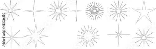 A collection of hand-drawn star shapes and bursts in a minimal black outline style. This set features various star designs, including classic five-pointed stars, radiant sunbursts