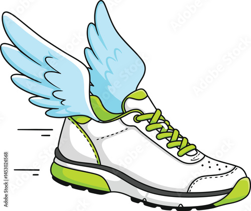 Running shoe with blue wings and green accents flying fast motion vector illustration 