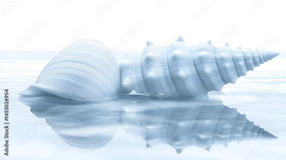 Serene Seashell in Water Reflection: Minimalist Blue Ocean Scene Serene Seashell in Water Reflection: Minimalist Blue Ocean Scene