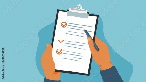 Man hold Attendance clipboard with checklist. Questionnaire, survey, clipboard, task list. Flat design, vector illustration on background.
