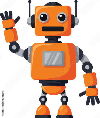 Friendly orange robot waving hand with black and gray mechanical parts vector illustration 