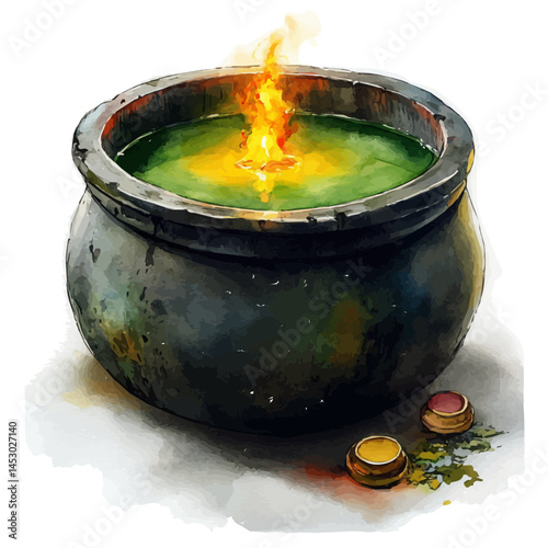 Ancient Alchemists Crucible With Glowing Liquid, watercolor vector, isolated on a white background.